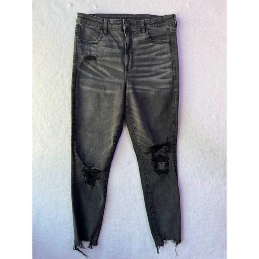 American Eagle Jeans 14 Super‎ Hi-Rise Jegging Crop Stretch Ripped Black Womens